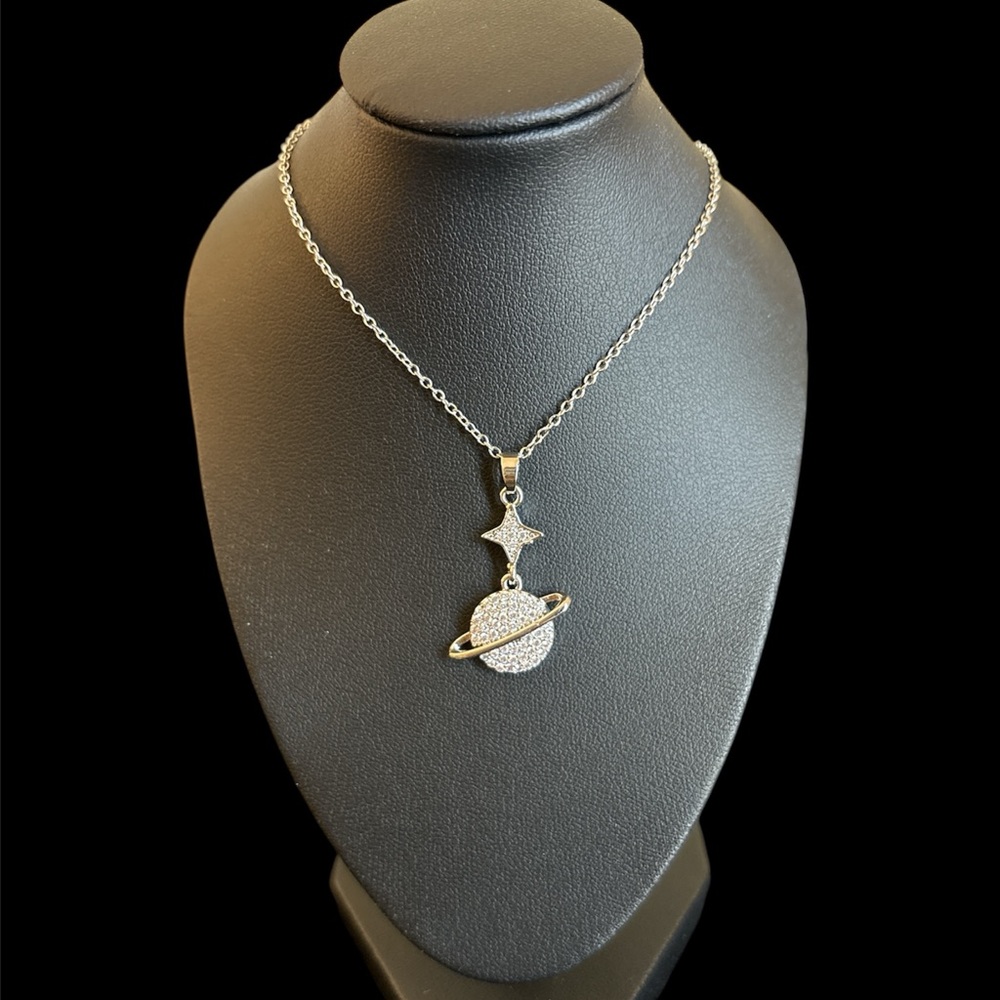 Gold or Silver Stainless Steel Planet & Star Pendant Necklace Celestial Jewelry - Picture 2 of 4